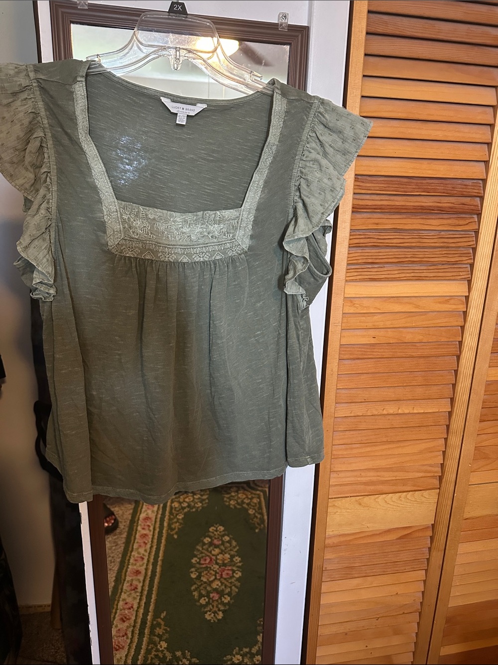Lucky Brand Olive Green Ruffle Sleeve Peasant Top